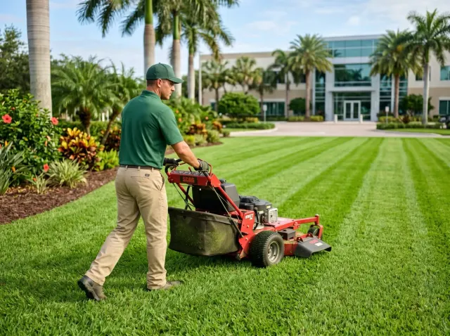 Walk-behind mower cutting a lawn beside a sidewalk